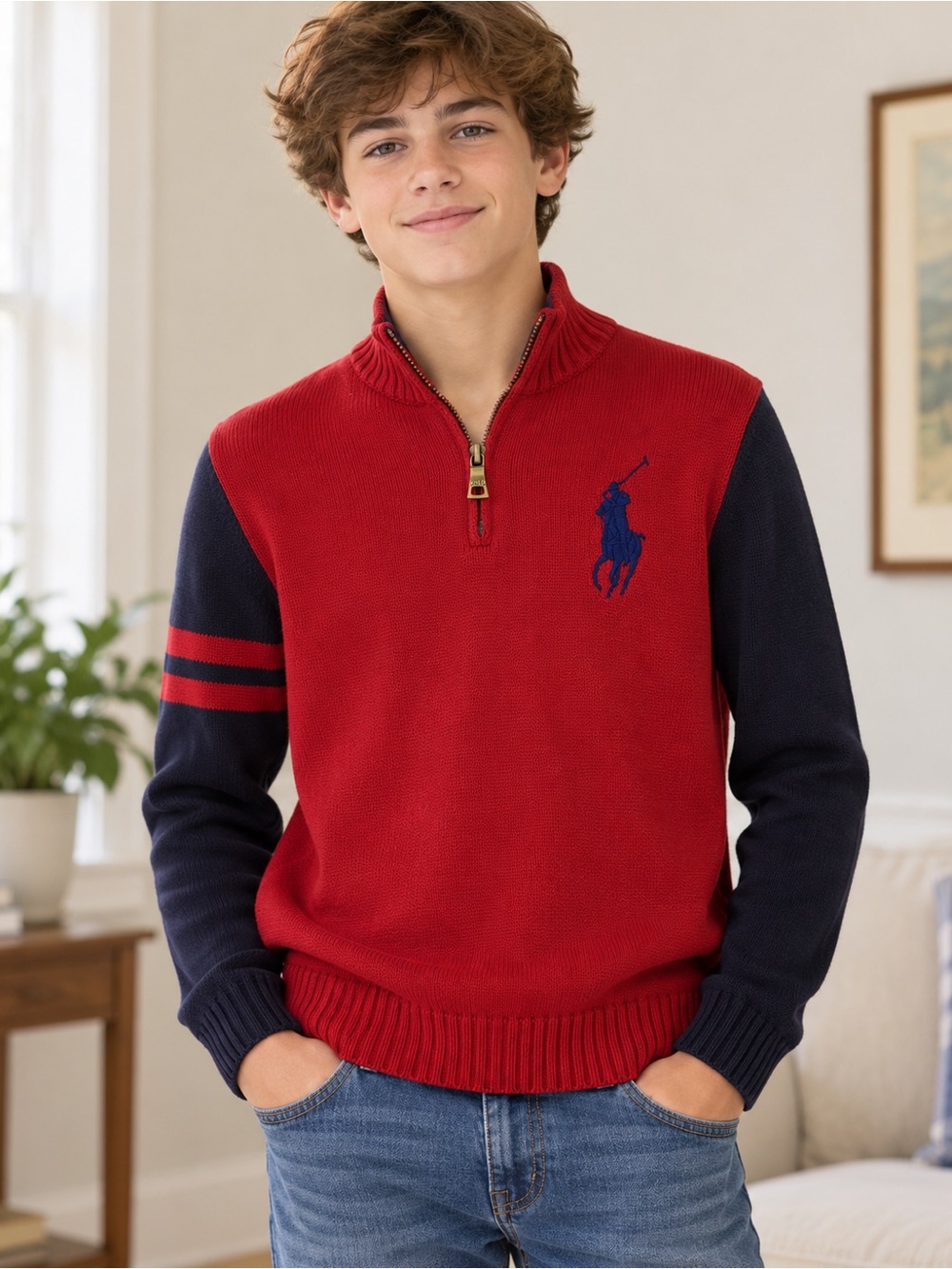 Polo by Ralph Lauren Red Half-Zip Sweater with Navy Sleeves